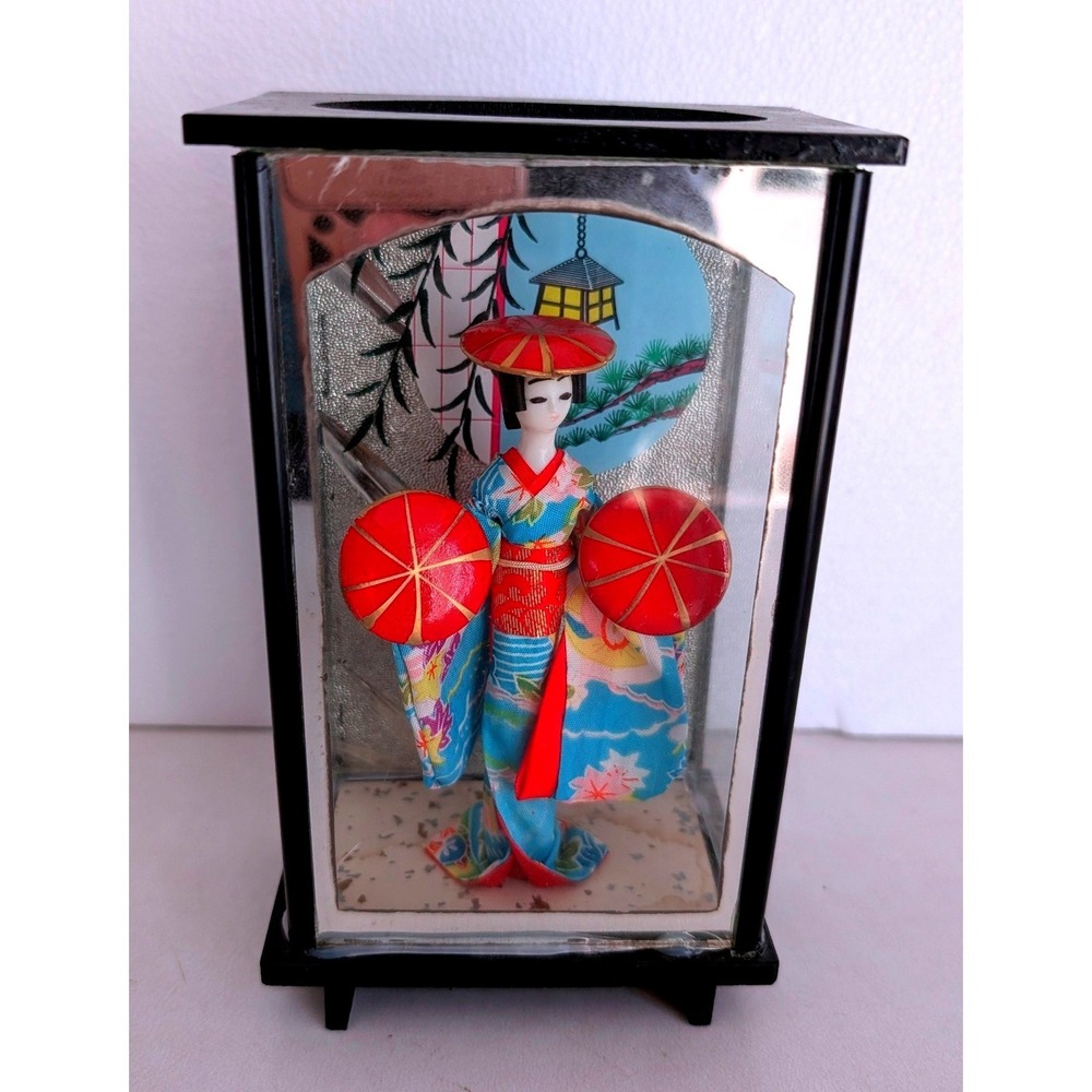Vintage Japanese Geisha Doll in Glass Case Blue Kimono Red Parasols Decor 7.5in